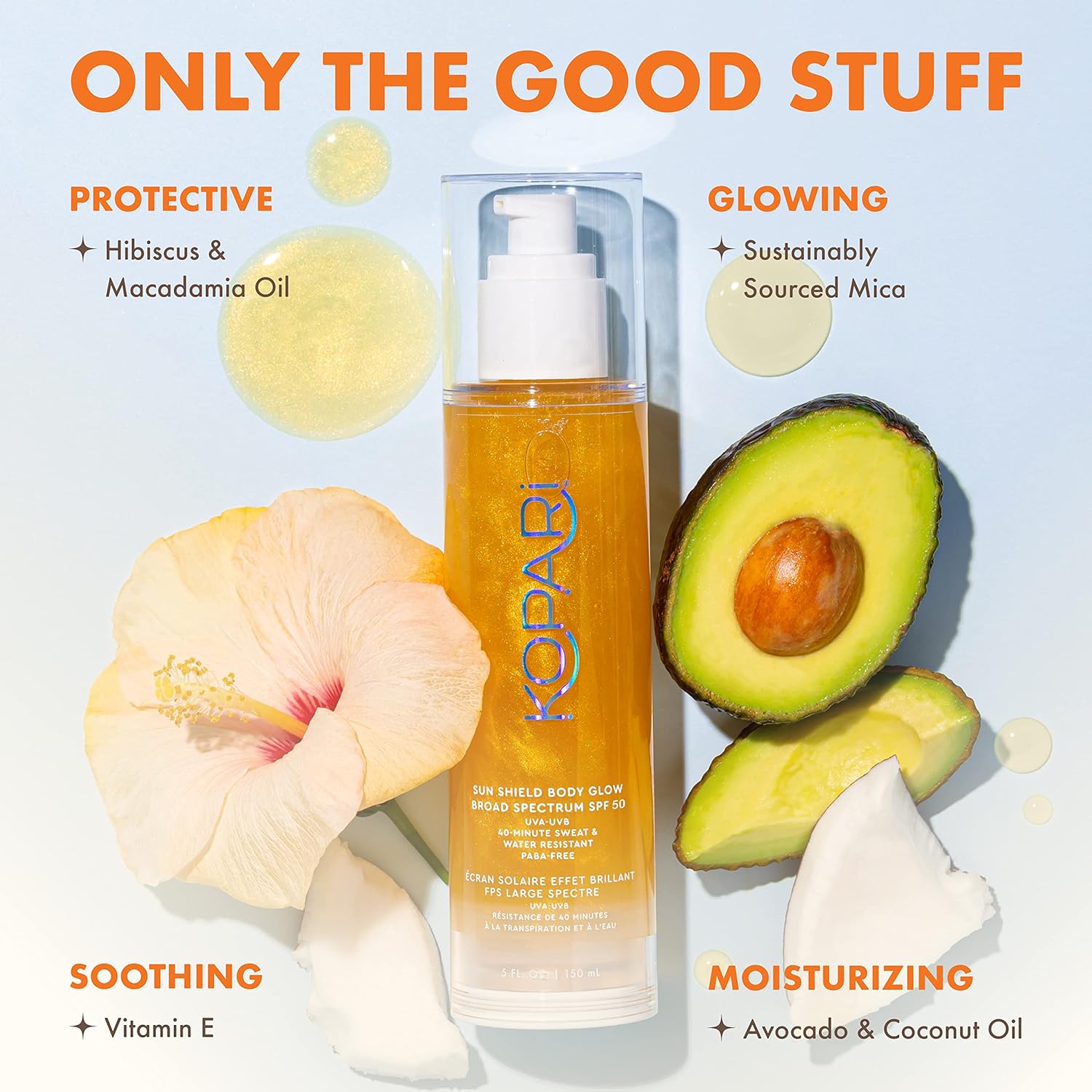 Kopari Sun Shield Body Glow | SPF 50 UV Protection Sheer Sunscreen Gold Shimmer Mica Macadamia Hibiscus Avocado Coconut Oils